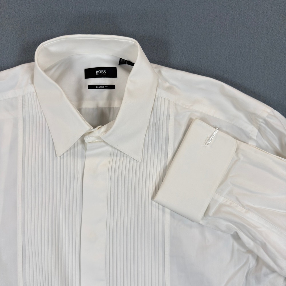 Hugo Boss Mens White Pleated Bib Tuxedo Shirt Classic Fit French Cuff 16.5 34/35